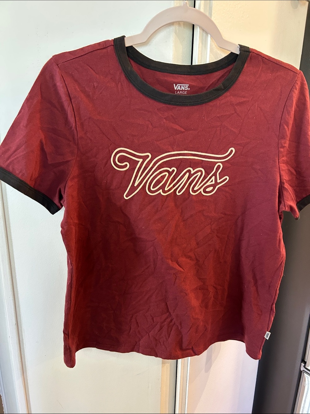 Vans Burgundy Short Sleeve Script Logo Tee with Black Trim